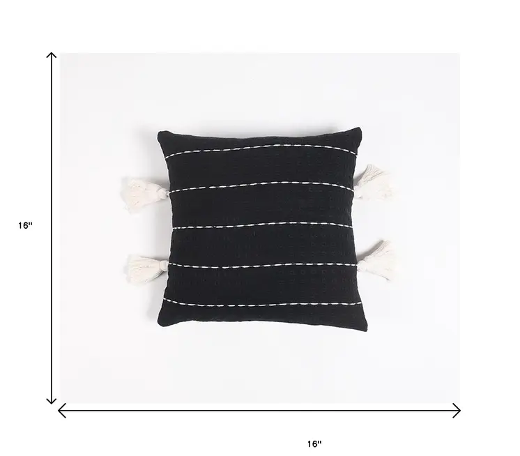 16" Gray and White Striped Cotton Throw Pillow Cover With Embroidery, Tassels