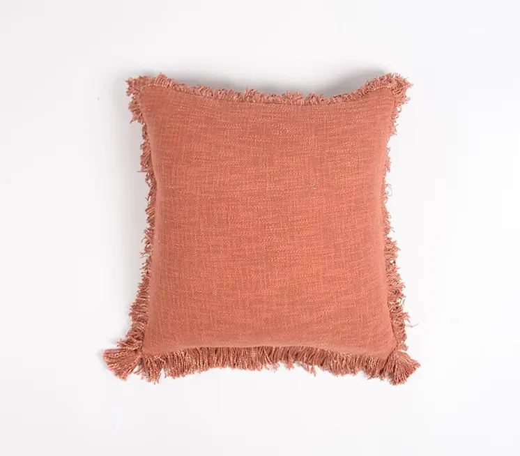 18" Maroon Cotton Throw Pillow Cover With Fringe
