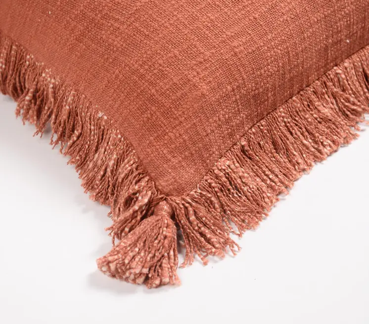 18" Maroon Cotton Throw Pillow Cover With Fringe