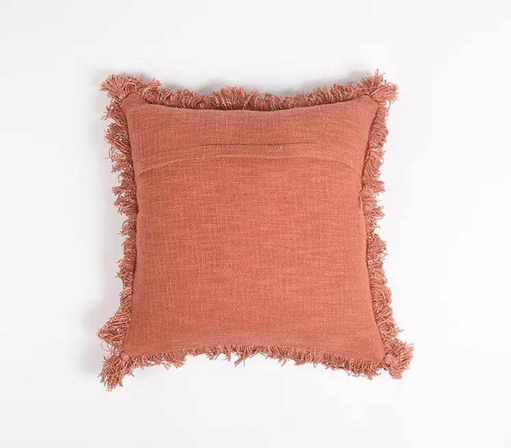 18" Maroon Cotton Throw Pillow Cover With Fringe