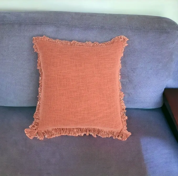 18" Maroon Cotton Throw Pillow Cover With Fringe