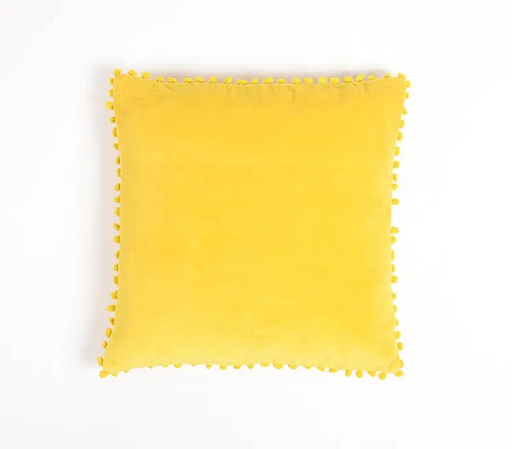 18" Yellow Cotton Blend Throw Pillow Cover With Pom Poms