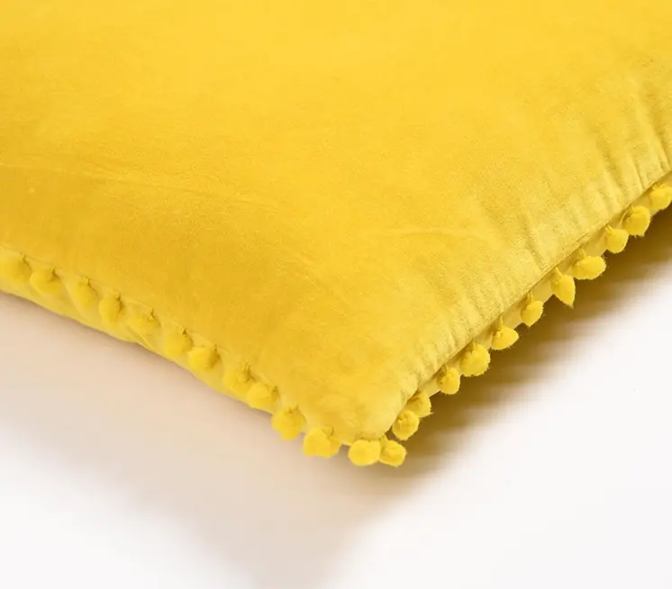 18" Yellow Cotton Blend Throw Pillow Cover With Pom Poms