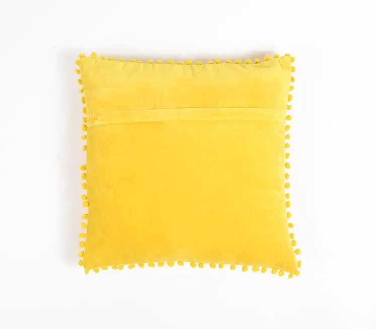 18" Yellow Cotton Blend Throw Pillow Cover With Pom Poms