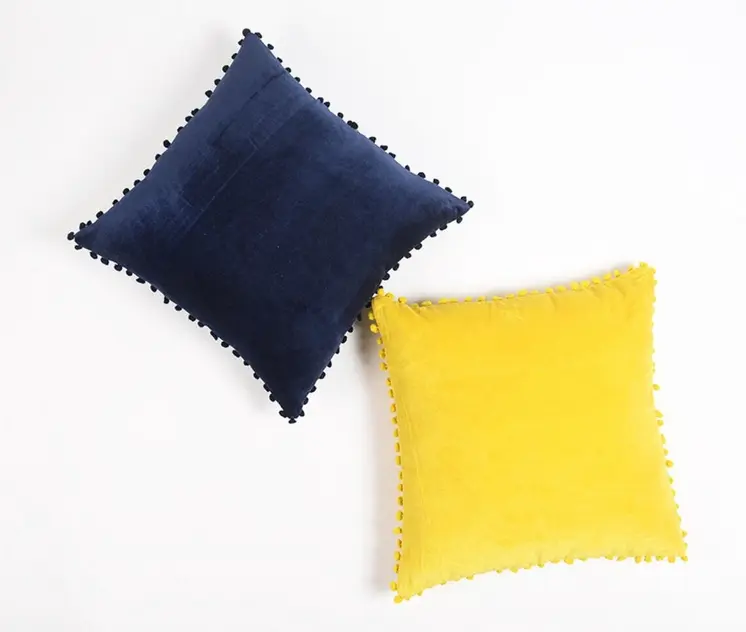 18" Yellow Cotton Blend Throw Pillow Cover With Pom Poms