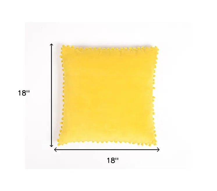 18" Yellow Cotton Blend Throw Pillow Cover With Pom Poms