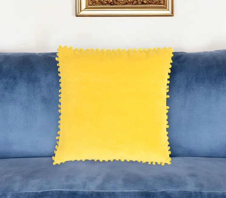 18" Yellow Cotton Blend Throw Pillow Cover With Pom Poms