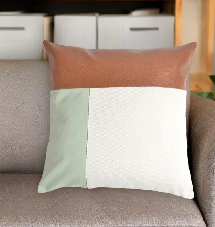 18" Brown and White Patchwork Cotton Blend Throw Pillow Cover