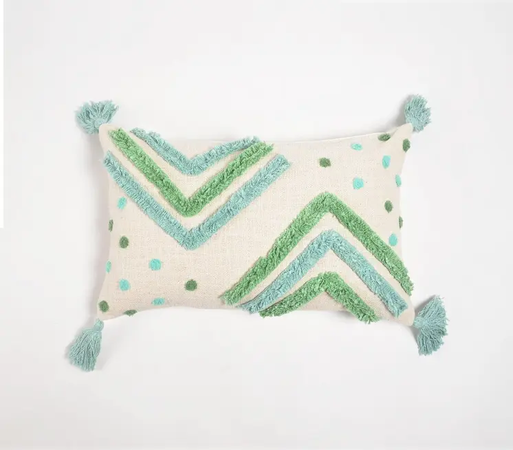 12" X 20" Blue and Green Chevron Cotton Throw Pillow Cover With Tassels, Tufts