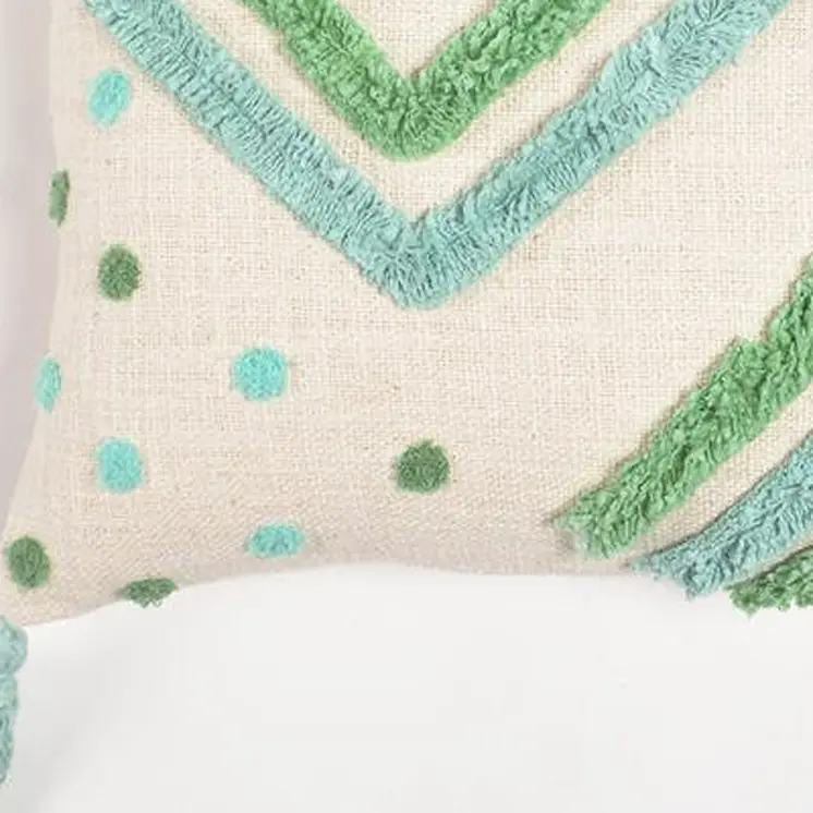 12" X 20" Blue and Green Chevron Cotton Throw Pillow Cover With Tassels, Tufts