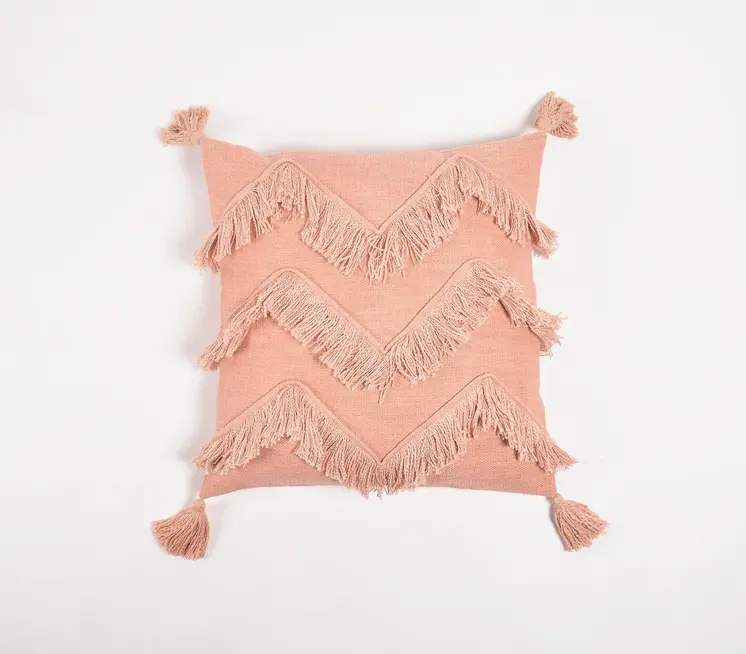 18" Pink Chevron Cotton Throw Pillow Cover With Fringe, Tassels