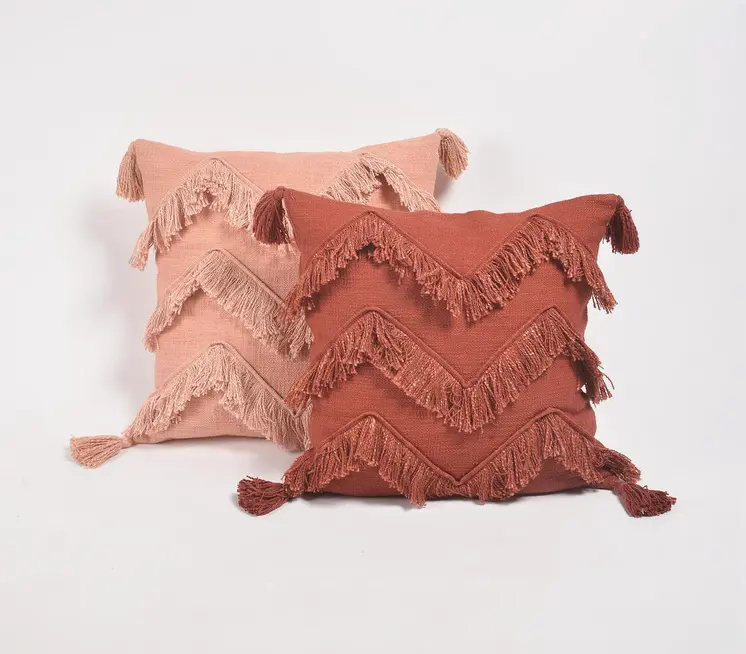 18" Pink Chevron Cotton Throw Pillow Cover With Fringe, Tassels