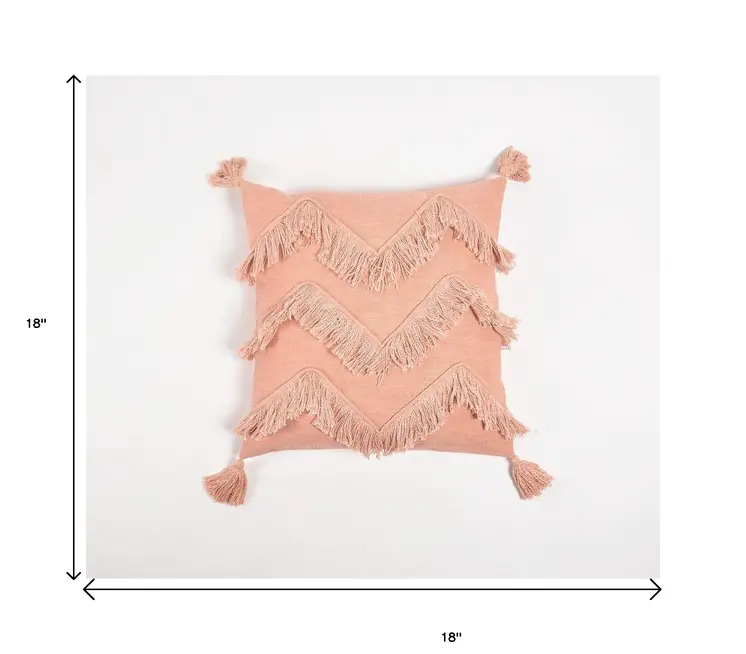 18" Pink Chevron Cotton Throw Pillow Cover With Fringe, Tassels