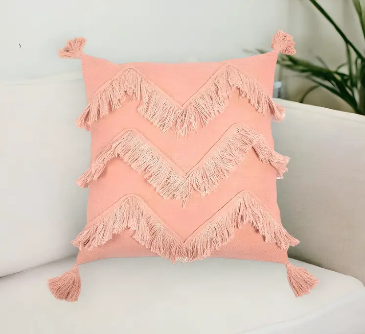 18" Pink Chevron Cotton Throw Pillow Cover With Fringe, Tassels