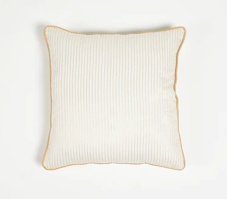16" Yellow and White Striped Cotton Blend Throw Pillow Cover