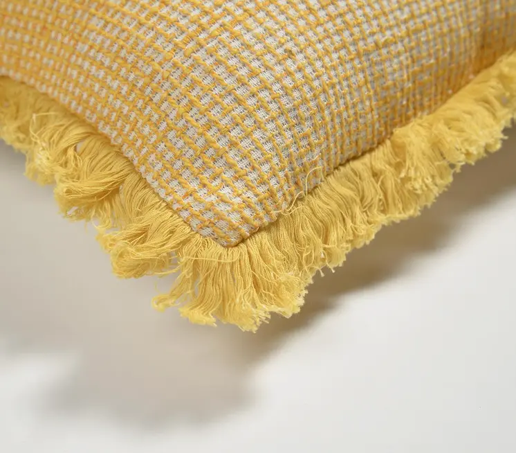 16" Yellow and White Check Cotton Throw Pillow Cover With Fringe