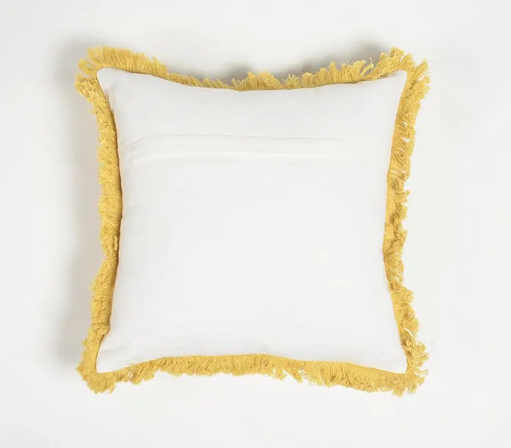 16" Yellow and White Check Cotton Throw Pillow Cover With Fringe