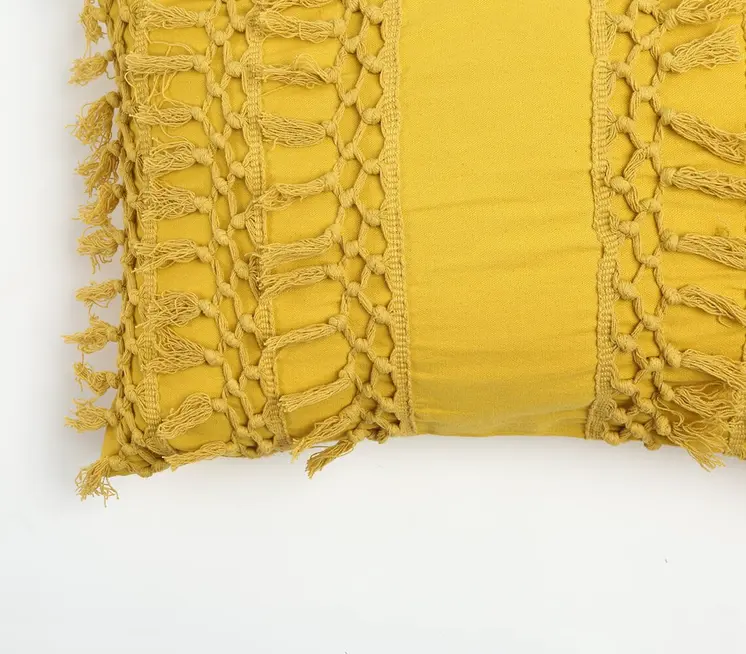 14" X 20" Yellow Handmade Indoor Outdoor Throw Pillow Cover With Tassels