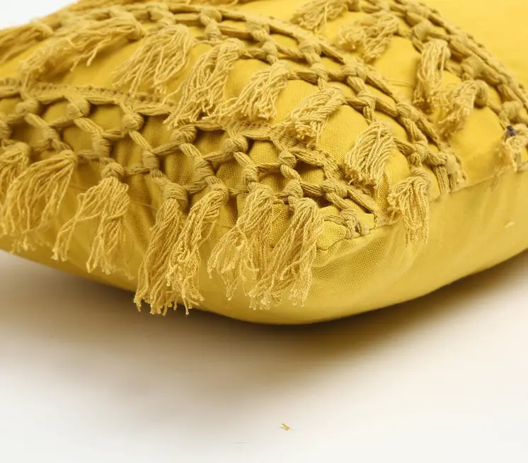 14" X 20" Yellow Handmade Indoor Outdoor Throw Pillow Cover With Tassels