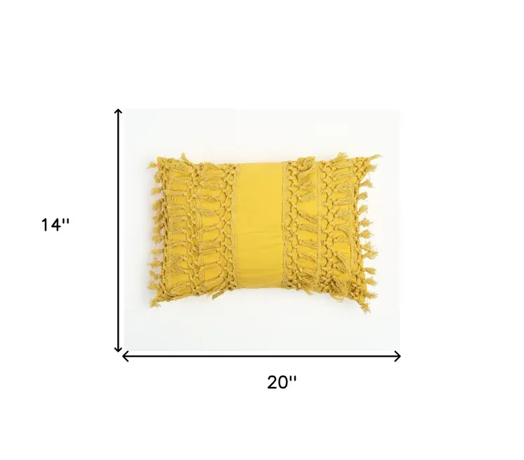 14" X 20" Yellow Handmade Indoor Outdoor Throw Pillow Cover With Tassels