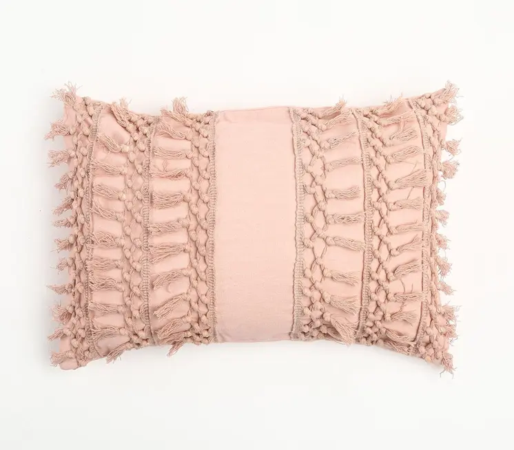 14" X 20" Pastel Pink Handmade Indoor Outdoor Throw Pillow Cover With Tassels