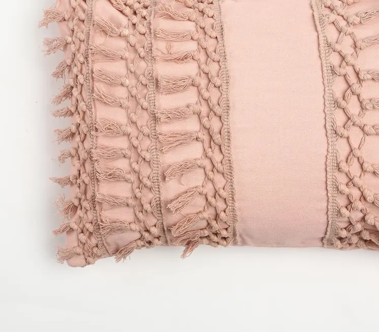 14" X 20" Pastel Pink Handmade Indoor Outdoor Throw Pillow Cover With Tassels