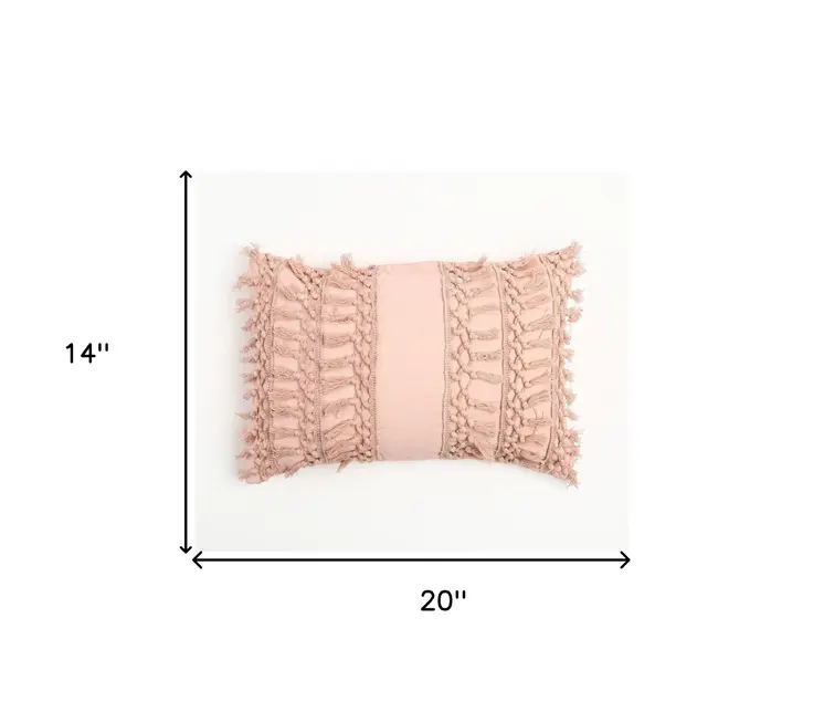 14" X 20" Pastel Pink Handmade Indoor Outdoor Throw Pillow Cover With Tassels