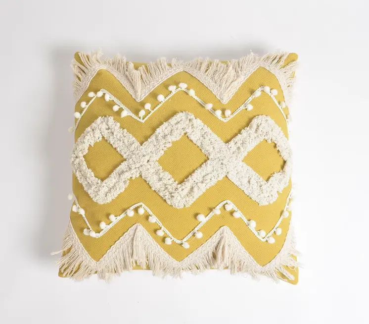 18" Yellow and White Zigzag Cotton Throw Pillow Cover With Embroidery and Fringe