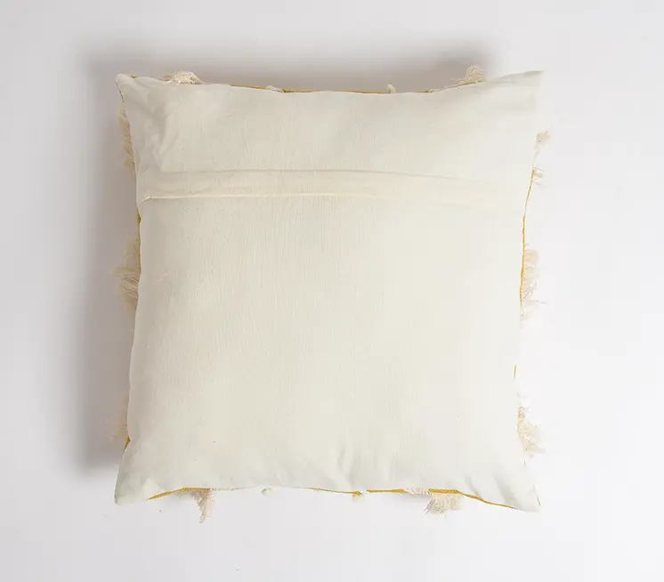 18" Yellow and White Zigzag Cotton Throw Pillow Cover With Embroidery and Fringe