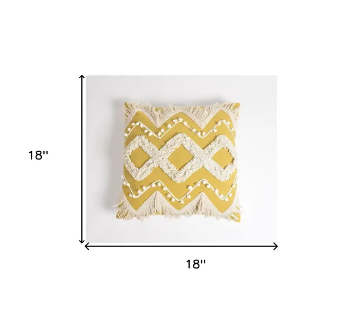 18" Yellow and White Zigzag Cotton Throw Pillow Cover With Embroidery and Fringe