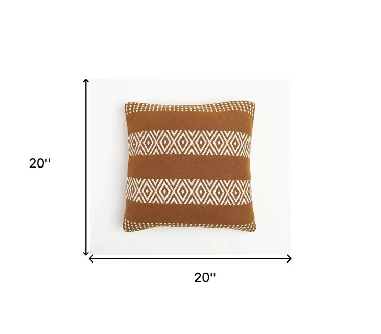 20" Rust and Ivory Handmade Striped Indoor Outdoor Throw Pillow Cover