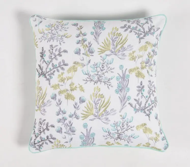 16" Blue and White Botanical Cotton Throw Pillow Cover With Beads