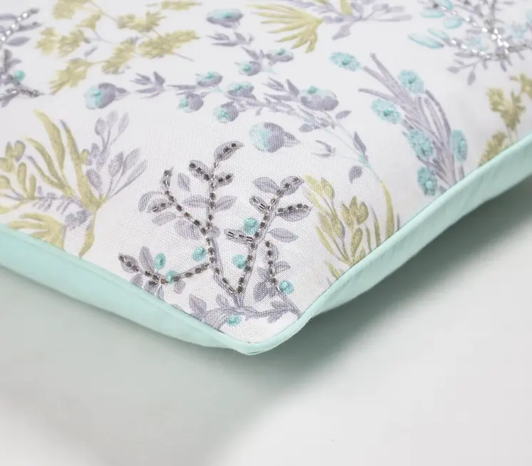 16" Blue and White Botanical Cotton Throw Pillow Cover With Beads
