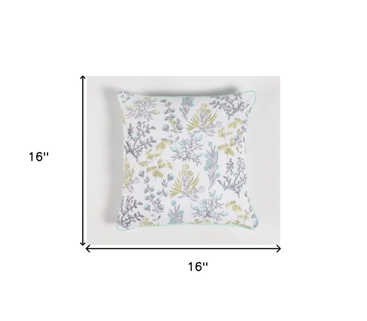 16" Blue and White Botanical Cotton Throw Pillow Cover With Beads