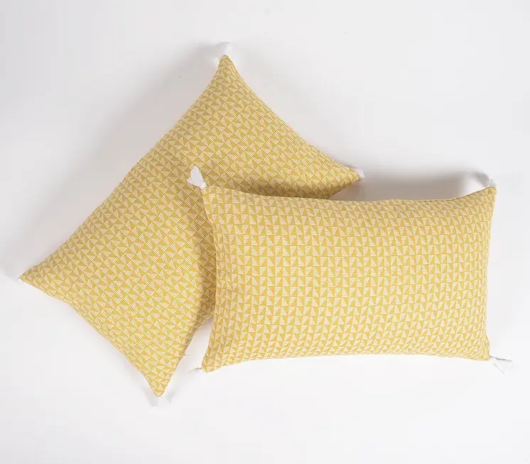 Set of Two 12" X 20" Yellow and White Geometric Cotton Throw Pillow Cover With Tassels