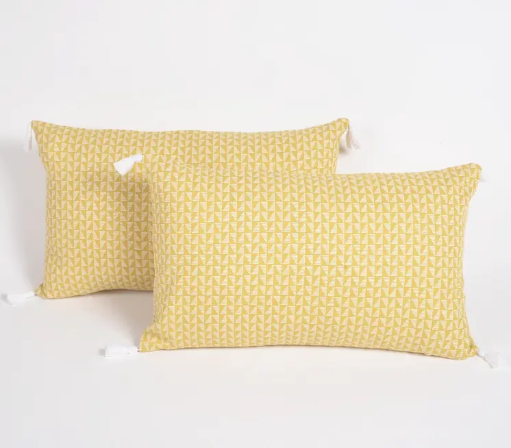Set of Two 12" X 20" Yellow and White Geometric Cotton Throw Pillow Cover With Tassels