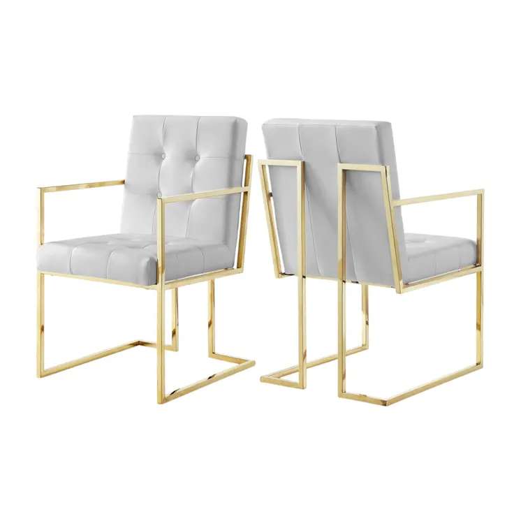 Set of Two Tufted White and Gold Upholstered Faux Leather Dining Arm Chairs