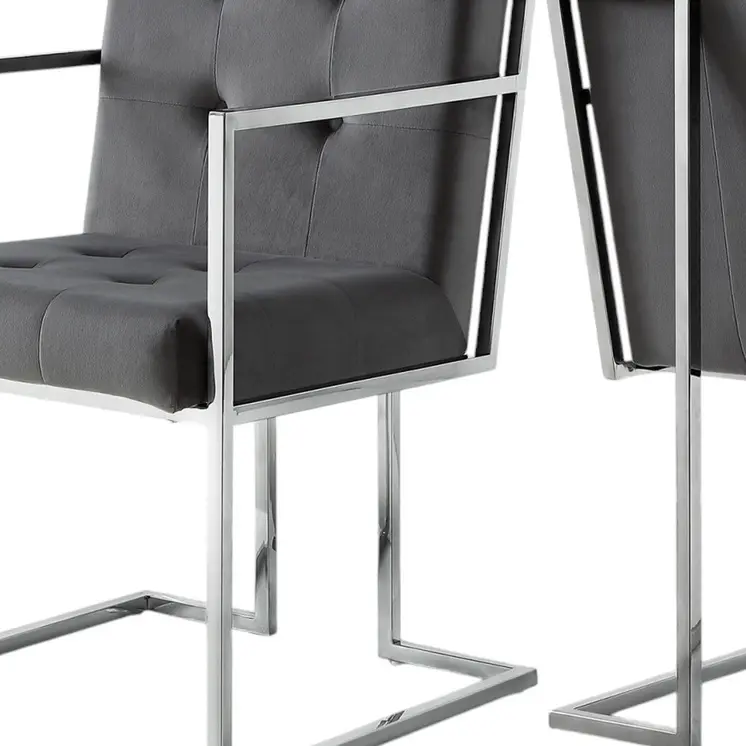 Set of Two Tufted Gray and Silver Metallic Upholstered Velvet Dining Arm Chairs