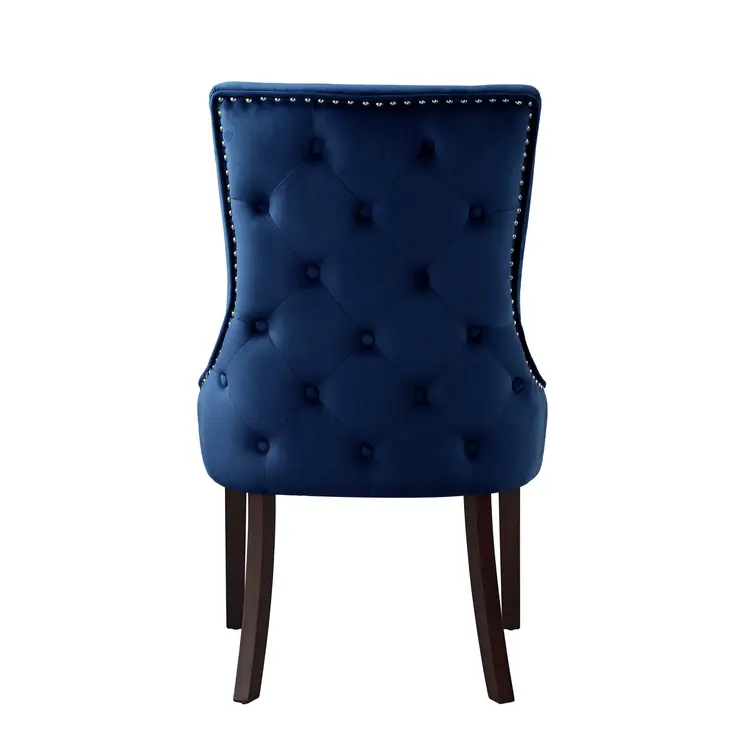 Set of Two Tufted Navy Blue and Espresso Upholstered Velvet Dining Side Chairs