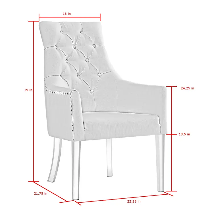 Set of Two Tufted Light Gray And Clear Upholstered Linen Dining Arm Chairs