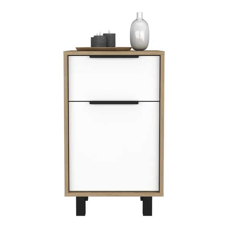 28" White And Natural Wood One Drawer Nightstand