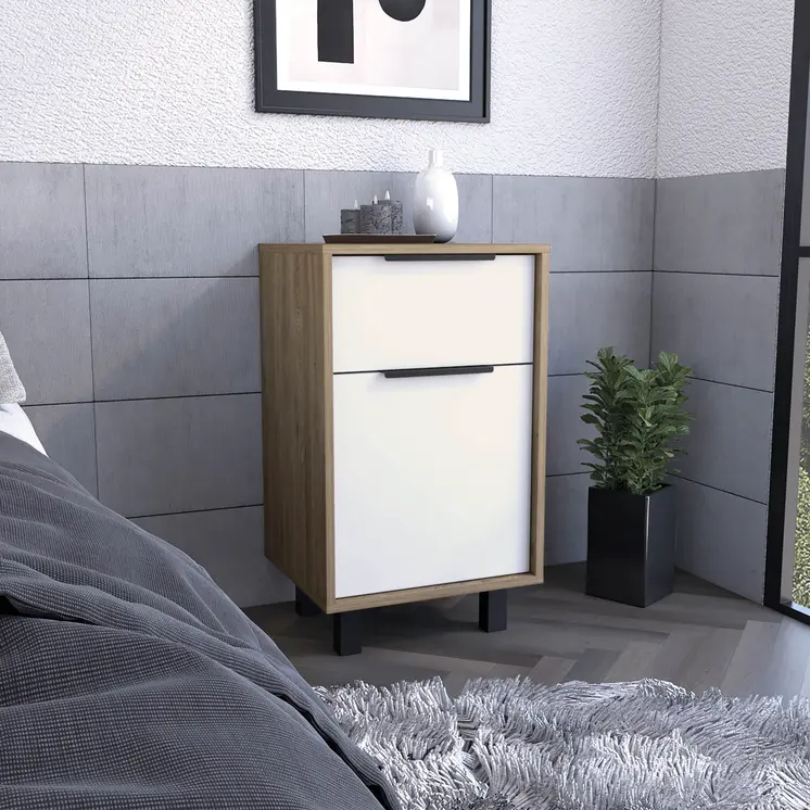 28" White And Natural Wood One Drawer Nightstand