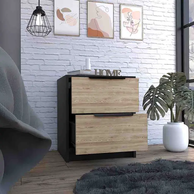 19" Black Wood Two Drawer Nightstand