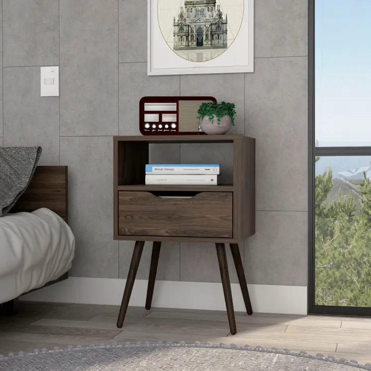 25" Brown Wood One Drawer Nightstand