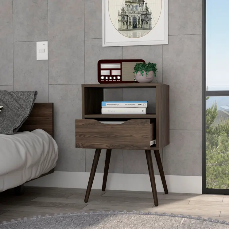 25" Brown Wood One Drawer Nightstand