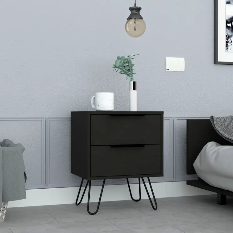 22" Black Wood Two Drawer Nightstand