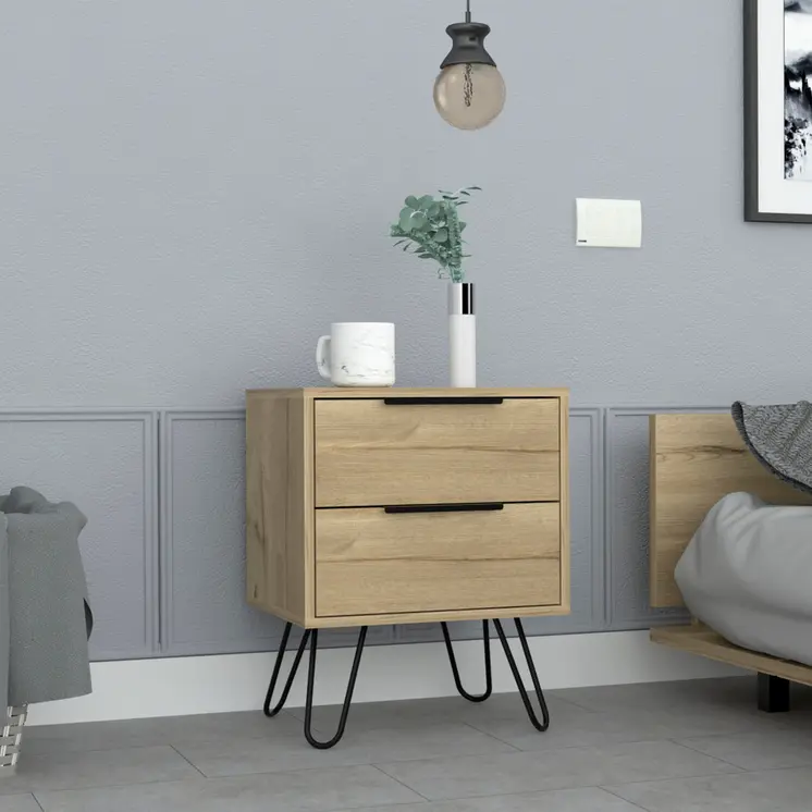 22" Oak Wood Two Drawer Nightstand