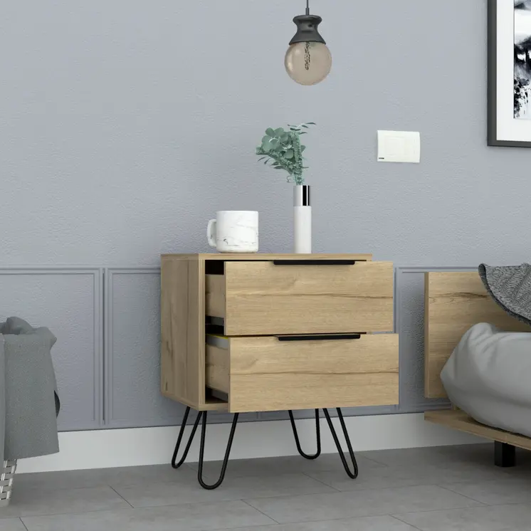 22" Oak Wood Two Drawer Nightstand
