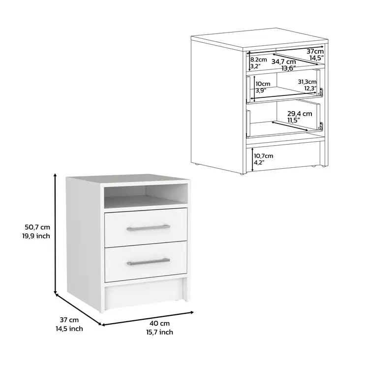 20" White Wood Two Drawer Nightstand