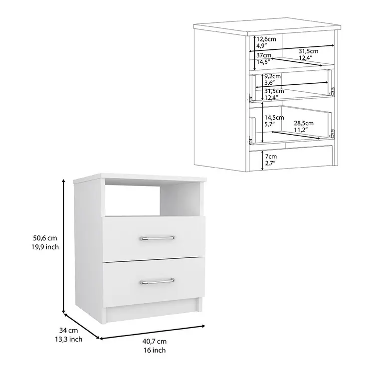 20" White Wood Two Drawer Nightstand